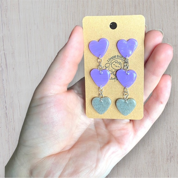 Handmade Lavender Purple and Speckled Grey Heart Drop Dangle Earrings - Picture 5 of 7